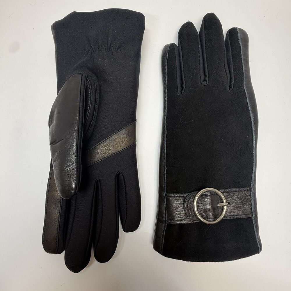 Isotoner Vintage Suede And Leather Buckle Black Gloves Sz S/M